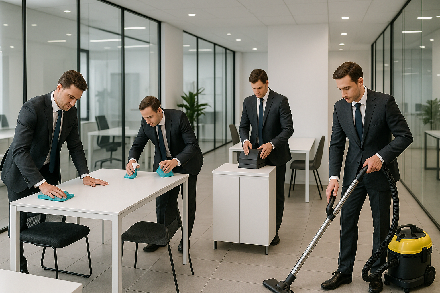 Well dressed executives that look alike cleaning as a company in a modern looking place.